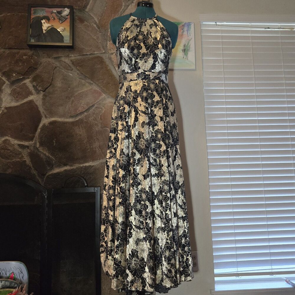 Ethereal Metallic Crinkle Sleeveless Halter Neck Foil Floral Print A-Line Gown